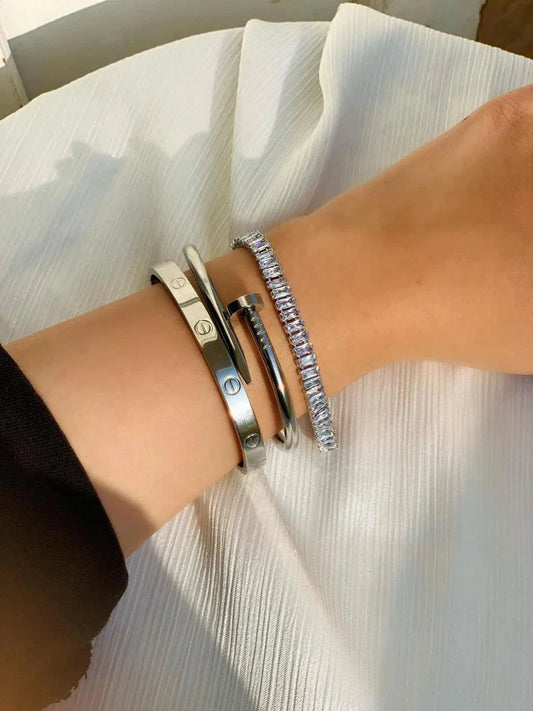 Silver Cartier Nail & Love Bangle + Tennis Bracelet – Timeless Designer-Inspired Set - My Store