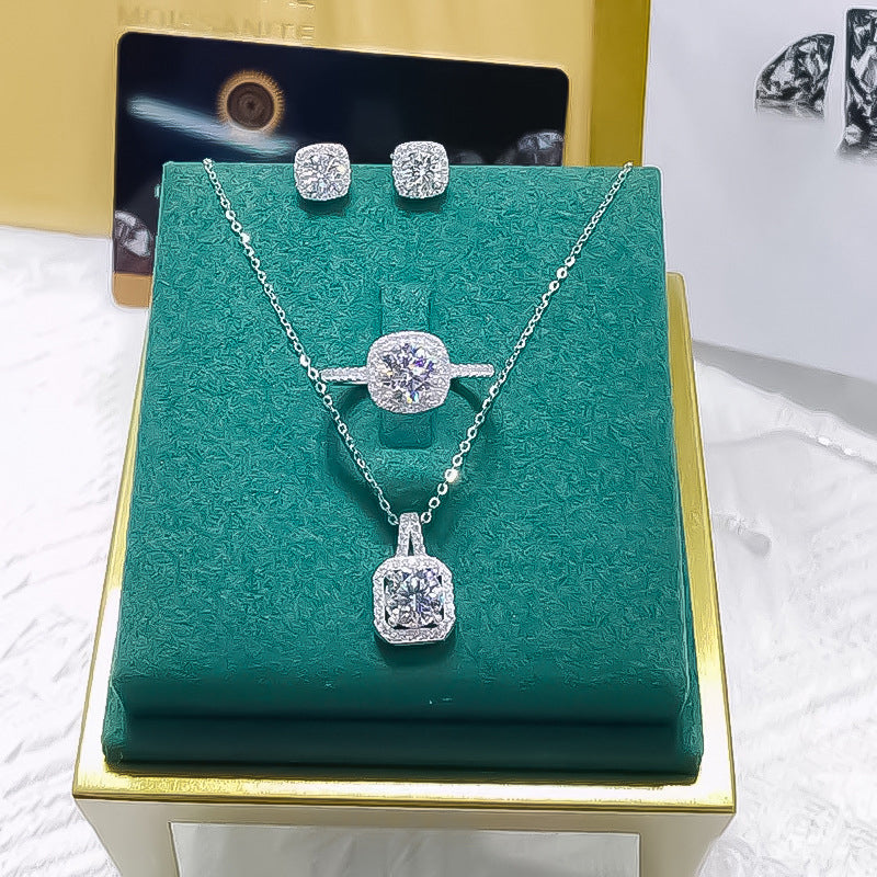 Korean Fashion Square Zircon Pendant Necklace For Women's Exquisite Light Luxury Versatile Style Necklace Earrings Ring Gift Qoddess