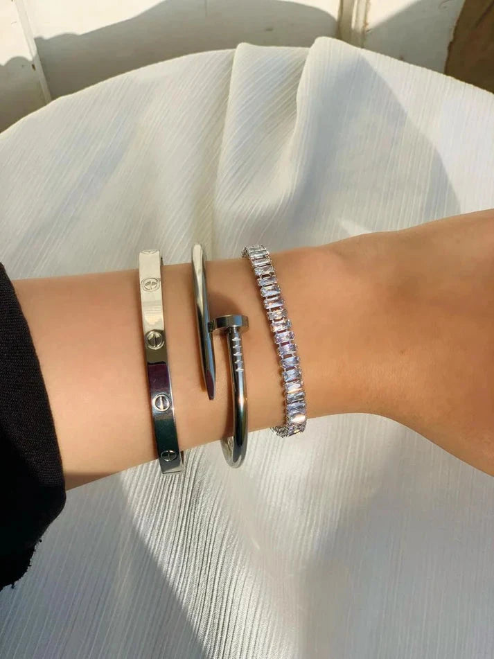 Silver Cartier Nail & Love Bangle + Tennis Bracelet – Timeless Designer-Inspired Set - My Store