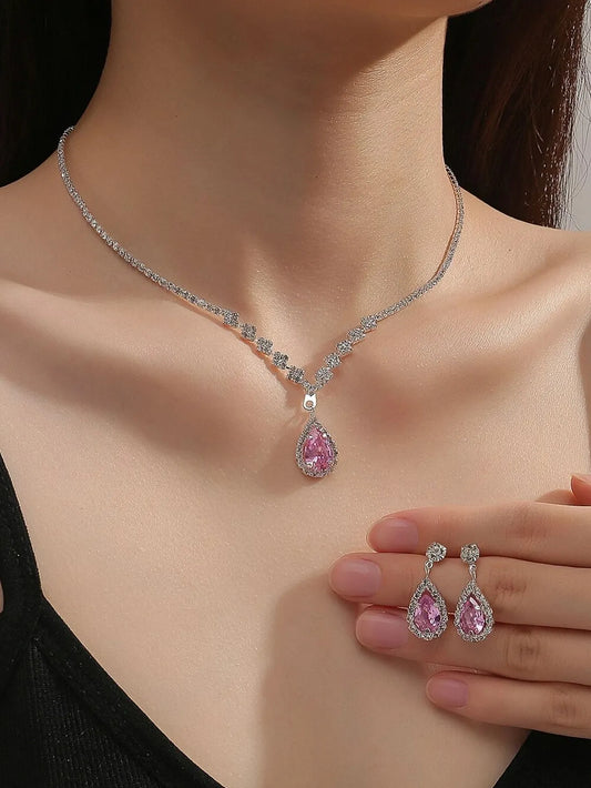 Wedding Season Women's Fashion Droplet Necklace and Earring Set Banquet Party Accessories